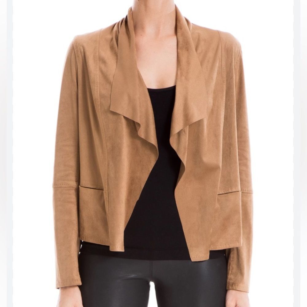Max Studio Tan Faux Suede Open Front Long Sleeve Jacket NEW M